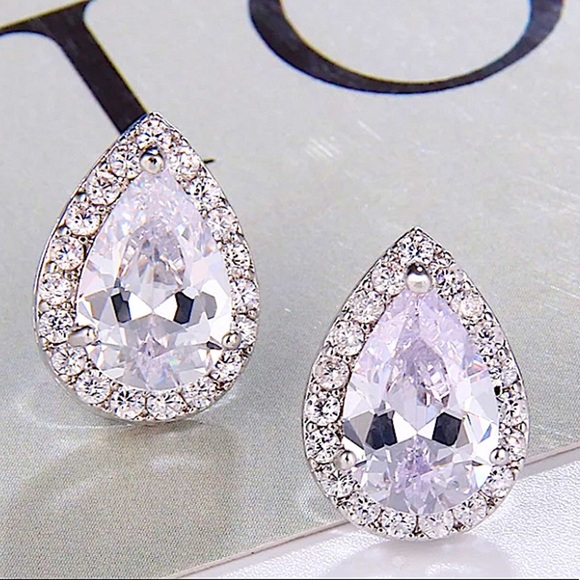 14K White Gold Plated Water Drop Tear Drop Pear Diamond Earrings - Picture 3 of 6
